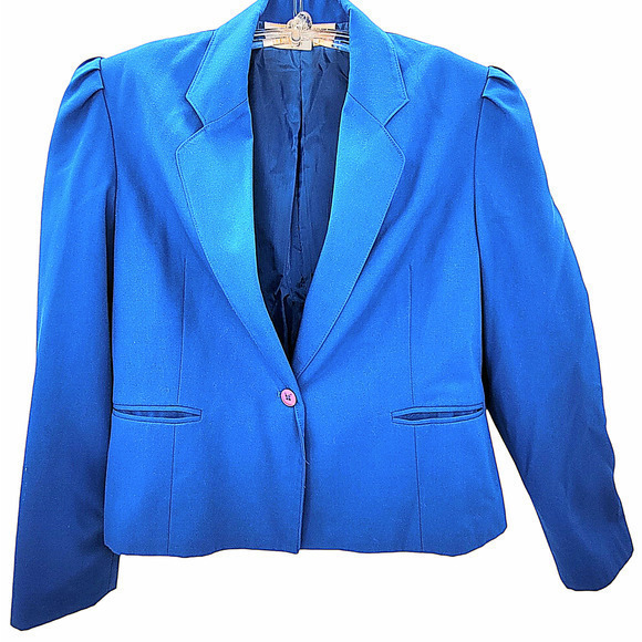 Vintage 80s Career Guild Blue One Button Boxy Blazer Midi Skirt Set Suit - Picture 4 of 17